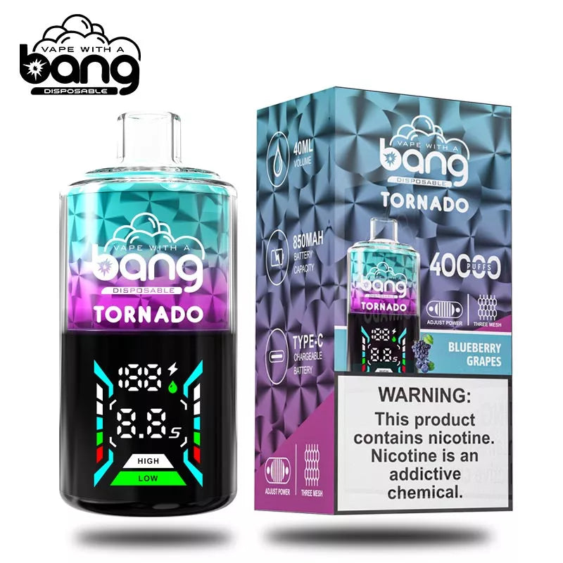 Bang Vape Tornado 40000 Puffs Triple Coils Digital Disposable E-850mAh Battery, 40ml E-liquid, Multiple Nicotine 12 Flavors