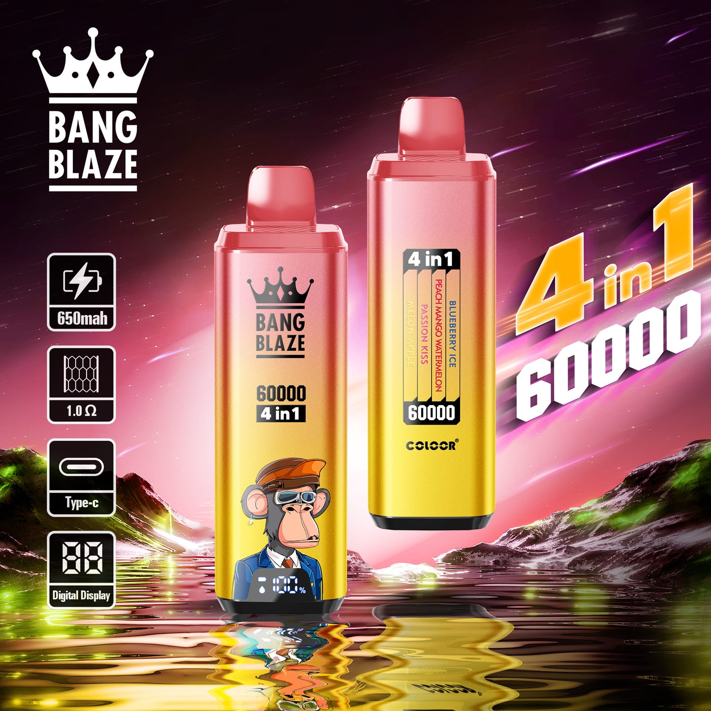 BANG BLAZE 4IN1 60000 Puffs Disposable Vape Wholesale(0% to 5% Nicotine) 56ML e-liquid 650mAh 12 Flavors