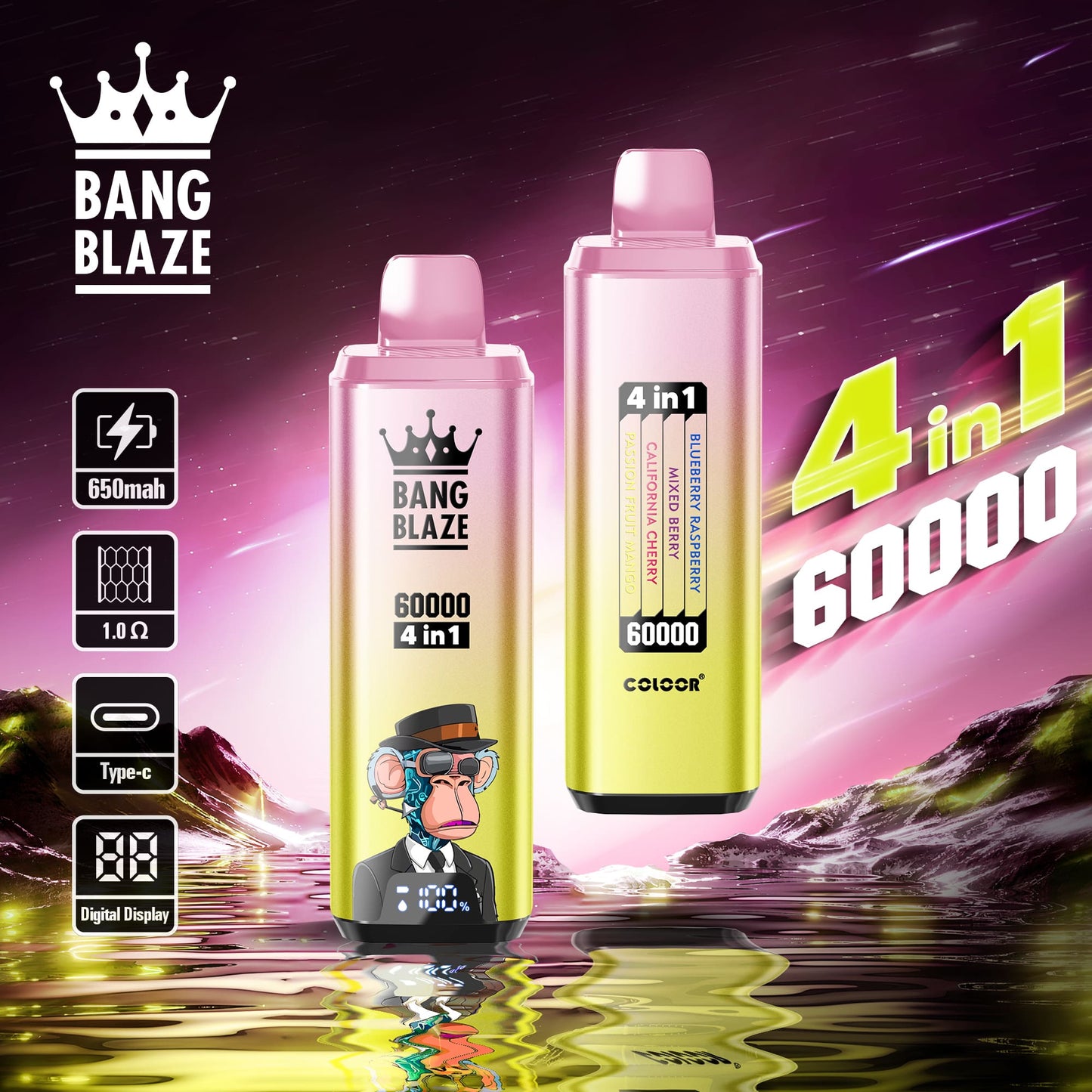 BANG BLAZE 4IN1 60000 Puffs Disposable Vape Wholesale(0% to 5% Nicotine) 56ML e-liquid 650mAh 12 Flavors