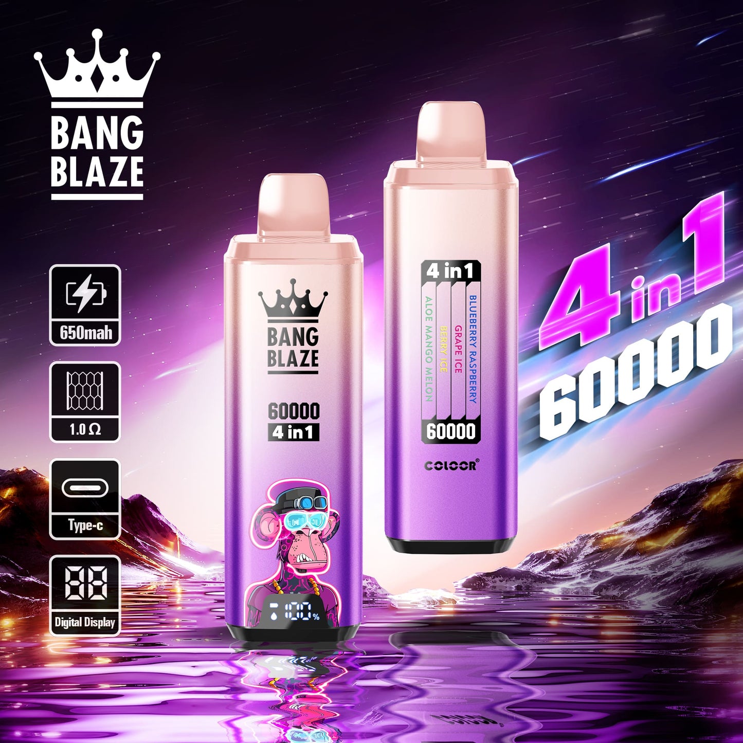 BANG BLAZE 4IN1 60000 Puffs Disposable Vape Wholesale(0% to 5% Nicotine) 56ML e-liquid 650mAh 12 Flavors