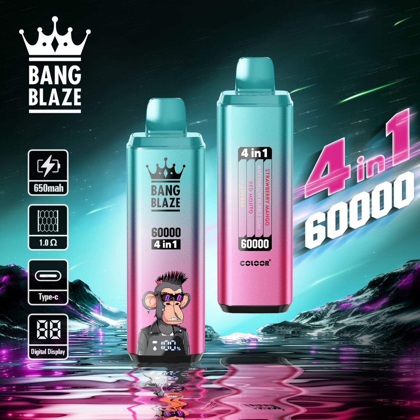 BANG BLAZE 4IN1 60000 Puffs Disposable Vape Wholesale(0% to 5% Nicotine) 56ML e-liquid 650mAh 12 Flavors