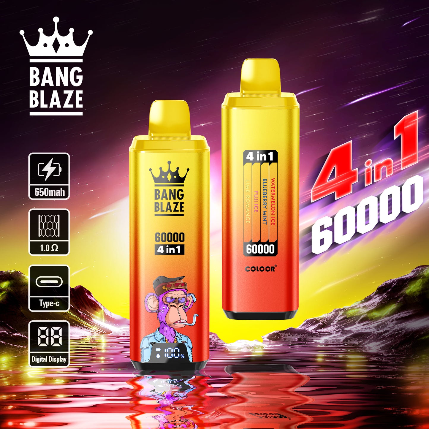 BANG BLAZE 4IN1 60000 Puffs Disposable Vape Wholesale(0% to 5% Nicotine) 56ML e-liquid 650mAh 12 Flavors