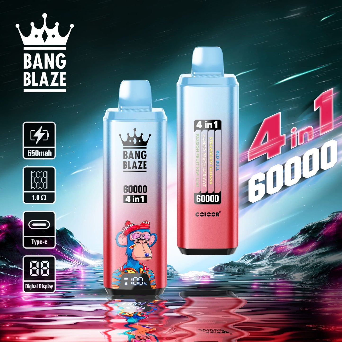 BANG BLAZE 4IN1 60000 Puffs Disposable Vape Wholesale(0% to 5% Nicotine) 56ML e-liquid 650mAh 12 Flavors