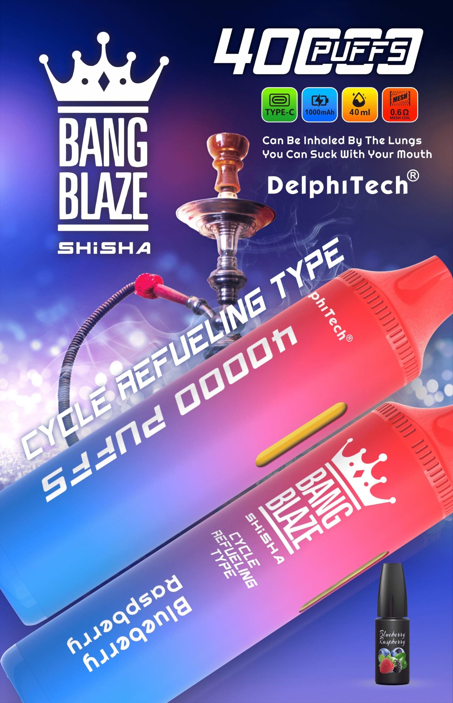 Bang Blaze 40000 Puffs Disposable Vape(0% to 5% Nicotine) - 40ml E-Liquid, 1000mAh Battery 12 Flavors