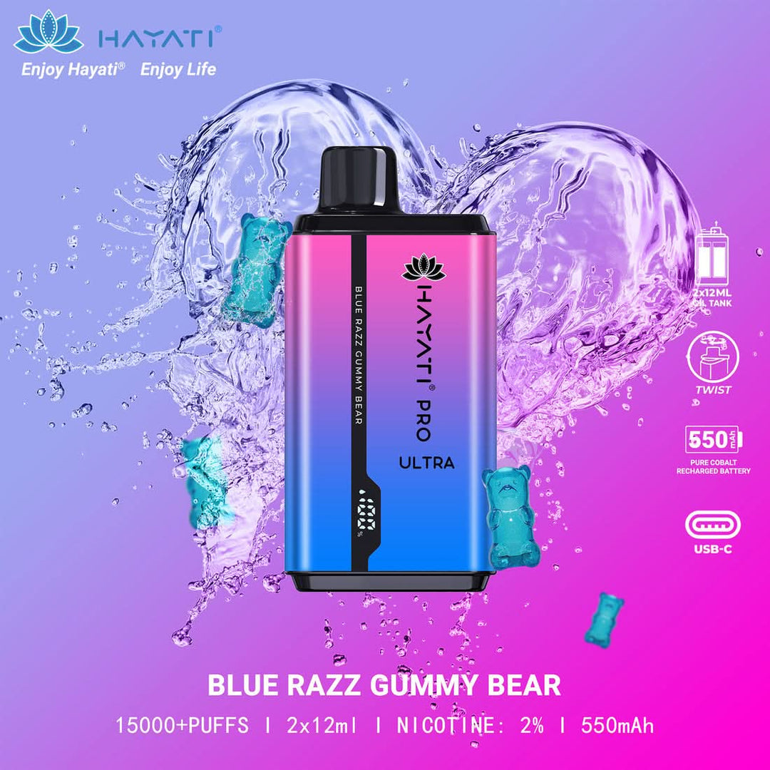 Hayati Pro Ultra 15000 Puffs Disposable Vape 2% Nicotine 850mAh Rechargeable Battery 45 Flavors