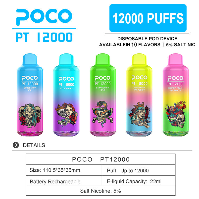 POCO EU Warehouse PT 12000 Puffs Disposable Vape Wholesale-650mAh Battery,22ml E-liquid, Multiple Nicotine 10 Flavors