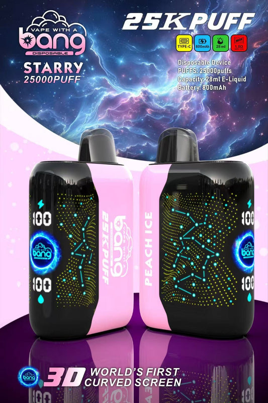 Bang Starry 25000 Puffs 25K Smart Full Screen Turn Ice Wholesale Disposable Vape Puff Prefilled Pod-850mAh Battery, 30ml E-liquid, Multiple Nicotine 16 Flavors