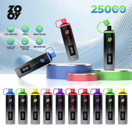 ZOOY SHISHA 25K Puffs Airflow Ajustable Disposable Vape(0% to 5% Nicotine) with Animated Screen 650mAh battery 10 Flavors