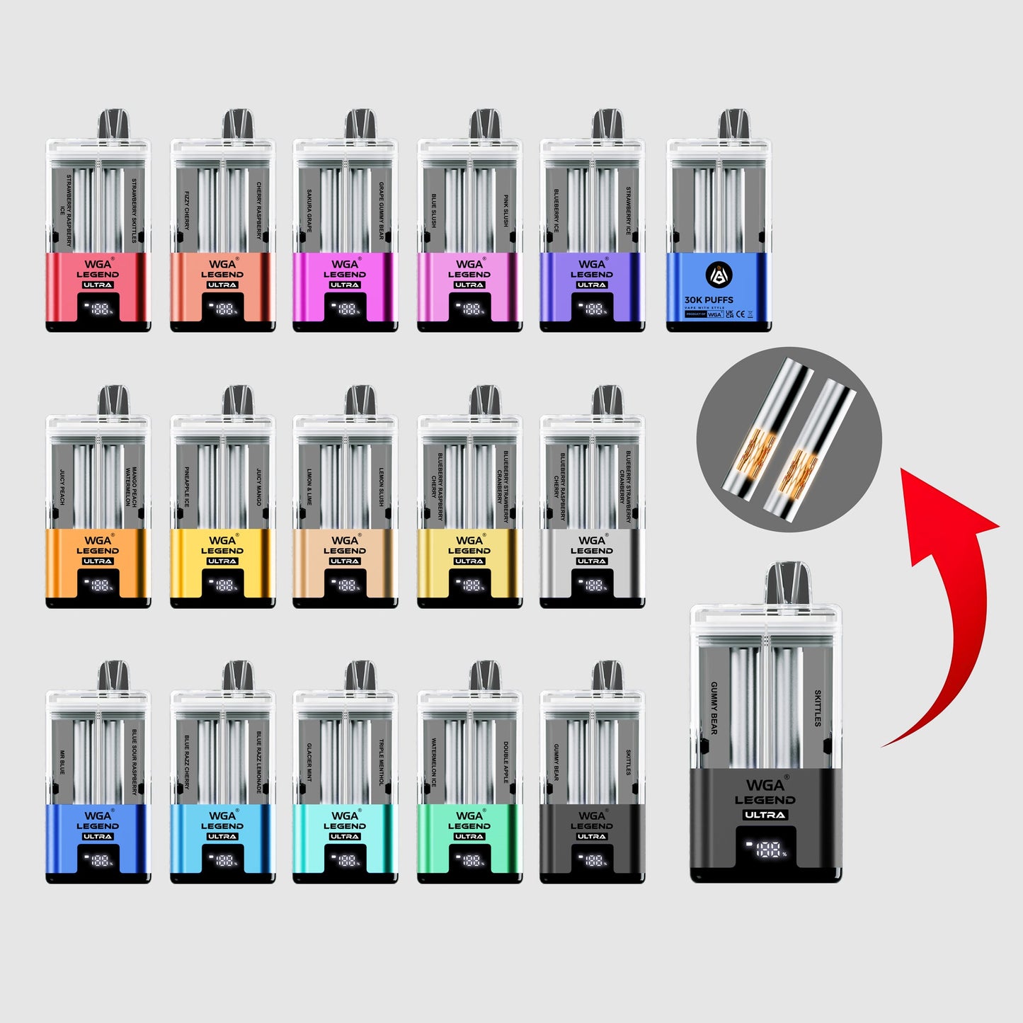 WGA Crystal LEGEND ULTRA 30000 puff Disposable Vape Wholesale-650mAh Battery, 22ml E-liquid, Multiple Nicotine 15 Flavors