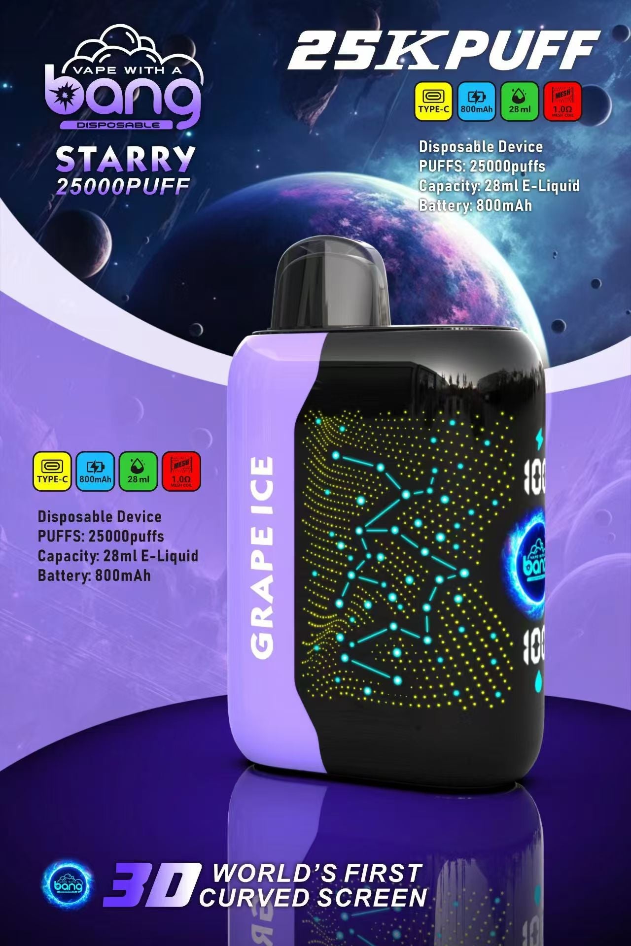 Bang Starry 25000 Puffs 25K Smart Full Screen Turn Ice Wholesale Disposable Vape Puff Prefilled Pod