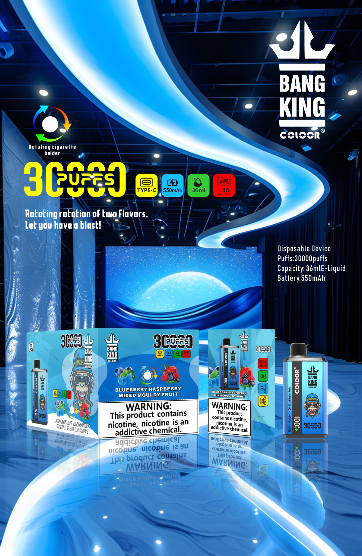 Bang King30000Puffs 30K Smart Disposable 550 mAh Vapes Pen E Cigarette Prefilled 36ml 1.0 Meah coil Full Screen Turn Ice Wholesale Disposable