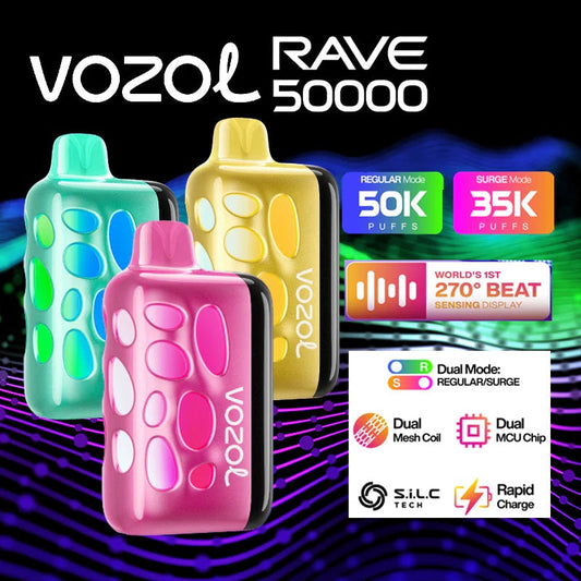 VOZOL RAVE 50000 Puffs Disposable Vape 10000mAh Battery 5% Nicotine Wholesale 15 Flavors