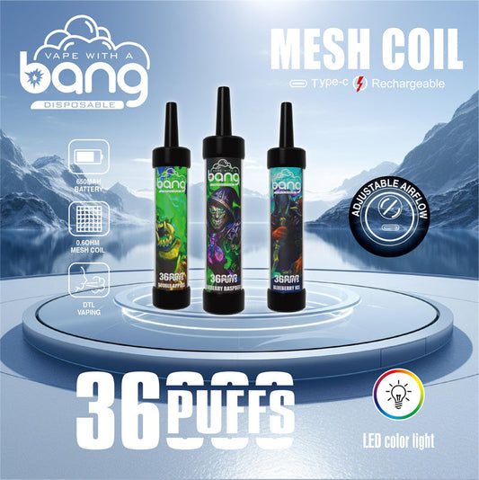 Bang 36000 Puff Dtl Disposable Vapes E Cigarettes Sub Ohm Mesh Coil 40ml 36k Puff-650mAh Battery, 40ml E-liquid, Multiple Nicotine 12 Flavors