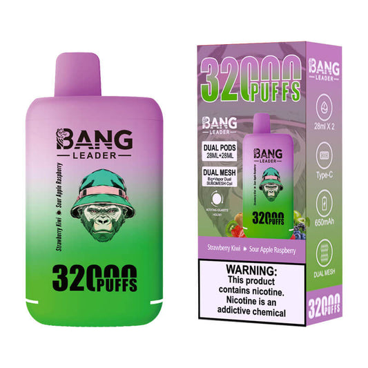 Bang Leader 32000 Puffs Disposable Vape (0% to 5% Nicotine) - Dual Pods, 26ml+26ml E-Liquid 650mah Type-C Rechargeable 18 Flavors
