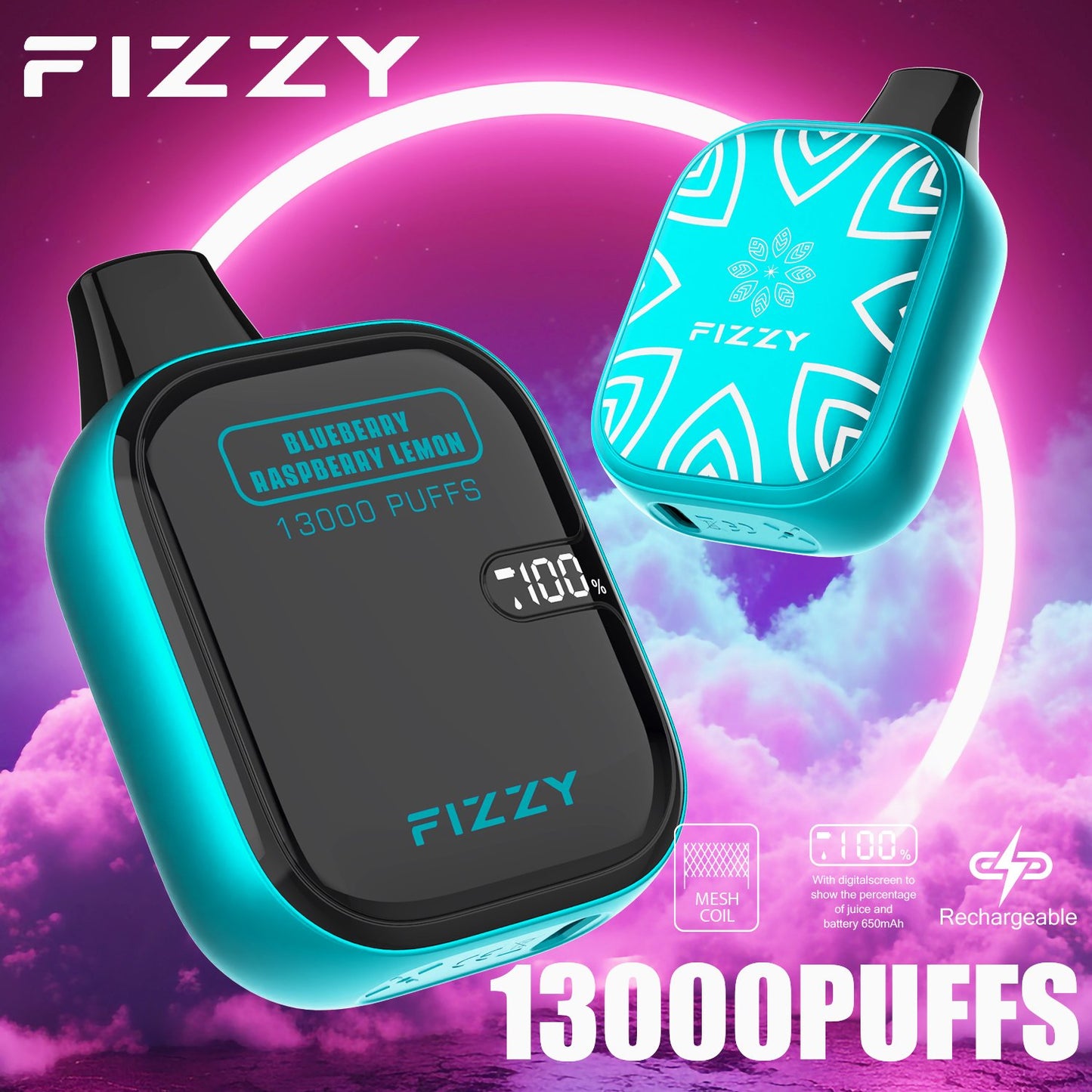 Fizzy Boom 13k Puffs Disposable Vape | 21ML E-liquid, Mesh Coil, LCD Screen
