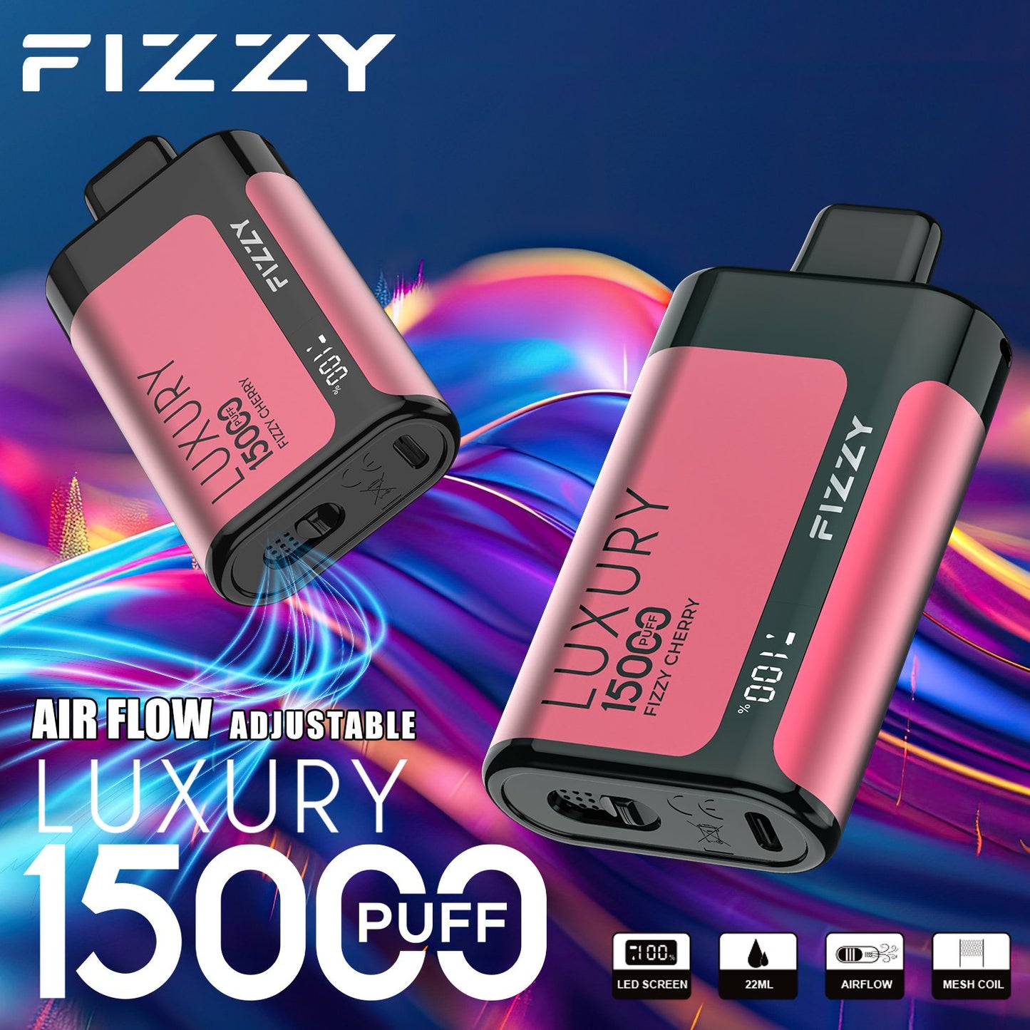 Fizzy Luxury 15000 Puffs Disposable Vape | 22ML E-liquid, Mesh Coil, LCD Screen, Adjustable Air Flow