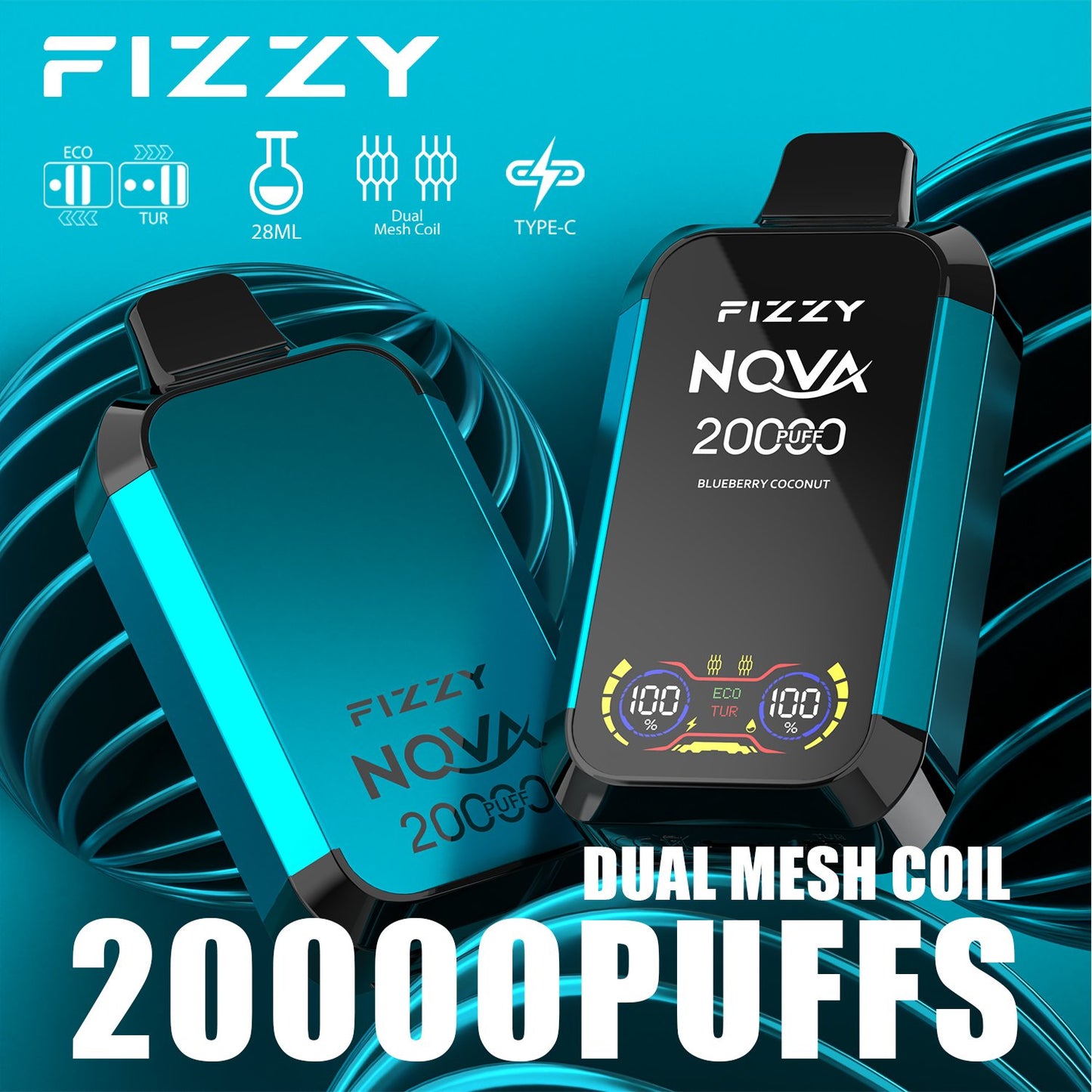 Fizzy Nova 20000 Puffs Disposable Vape | Dual Mesh Coil, 28ML E-liquid, LCD Screen, Eco/Turbo Mode
