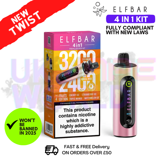 Elf Bar 3200 & 2400 Puff (4 in 1) Prefilled Pod Kit 20mg Nicotine 8ml E-Liquid Capacity 1500mAh Battery 16 Fruit Edition
