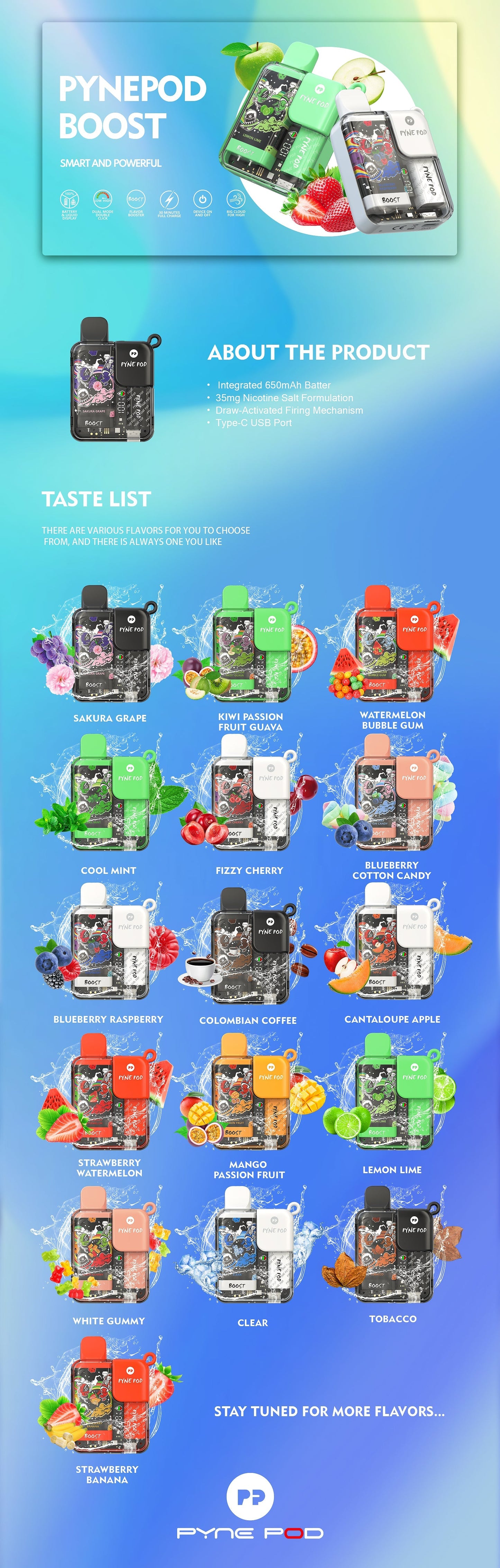 Pynepod 8500 Puffs Disposable Vape 16 Flavors 20mg Nico 2ML Battery Display 550mAh battery