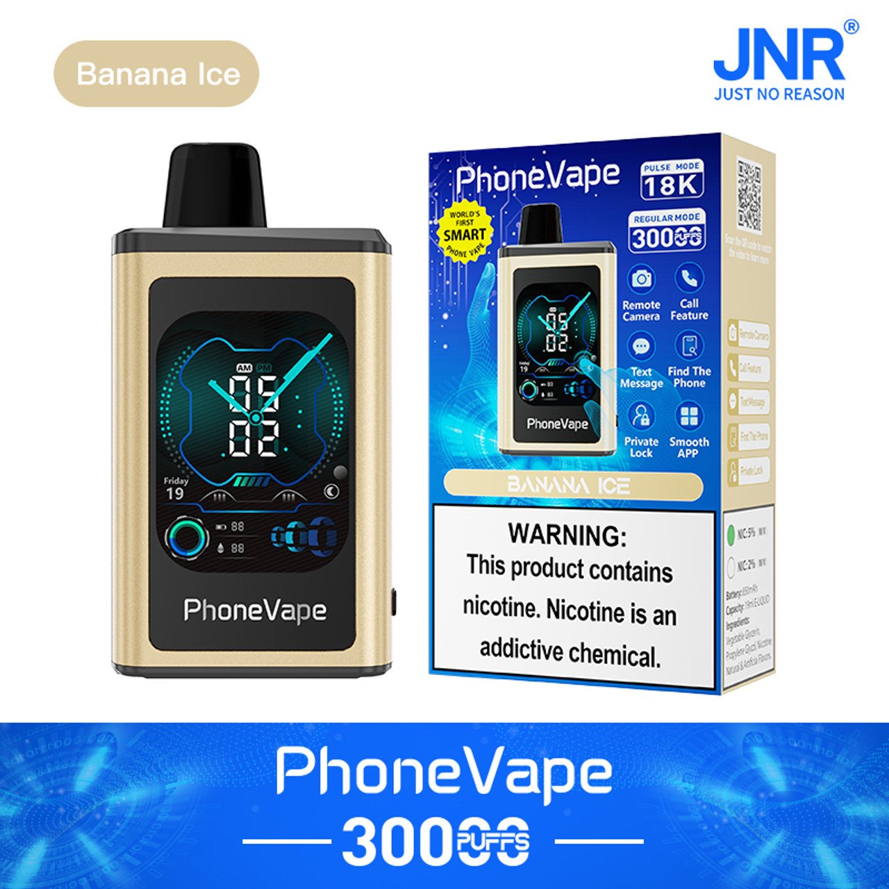 JNR Phone Vape 30000 30K Puffs Latest Smart Disposable Vape-1000mAh Battery, 19ml E-liquid, Multiple Nicotine 10 Flavors