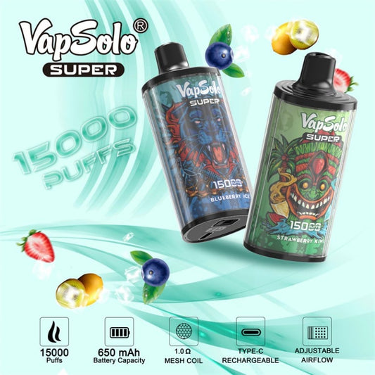 VapSolo Super 15K Puffs Disposable Vape | Ajustable Airflow,Mesh Coil,Type-C Port