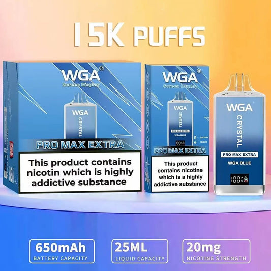 WGA Crystal PRO MAX EXTRA 15000 puffs Disposable Vape In Sales-850mAh Battery, 25ml E-liquid, Multiple Nicotine 30 Flavors