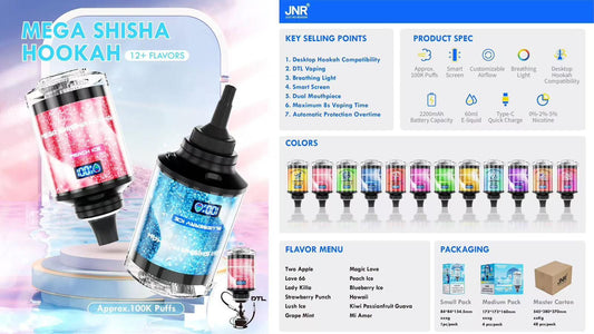 JNR Mega Shisha Hookah 100k Puffs Disposable Vape-2200mAh Battery, 60ml E-liquid, Multiple Nicotine 12 Flavors