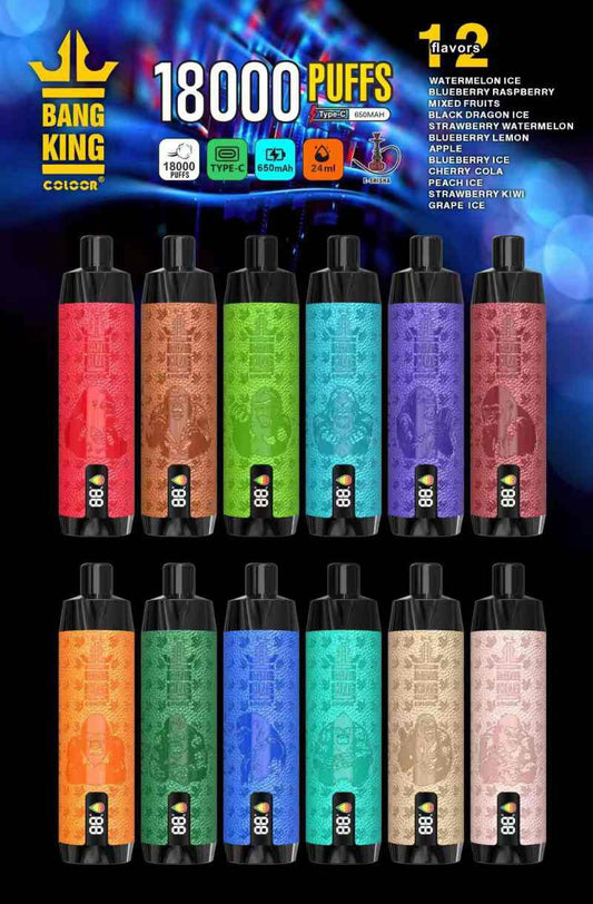 Bang King 18000 Puffs Dtl Disposable Vape Shisha Led Displays E-Cigarettes Vapers 18k Puff-650mAh Battery, 24ml E-liquid, Multiple Nicotine 12 Flavors