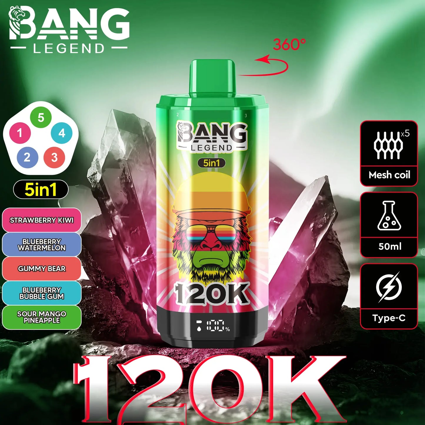 Bang Legend 120K – The Ultimate 5-in-1 Disposable Vape | 120,000 Puffs | Adjustable Triple Flavors | Nebula Burst