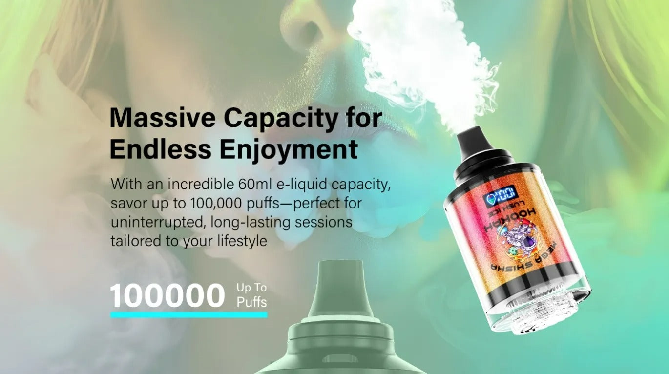 JNR Mega Shisha Hookah 100000 Puffs 100K Disposable Vape Pen E Cigarette Prefilled 60ml 2200mAh
