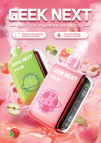 GEEK NEXT Pulse 25000 Puffs 25K DISPOSABLE 5 PER PACK, |25000 Puff Disposable Vape  5% Nic,E-JUICE CAPACITY. 18.0 ml ; PUFF COUNT. ~ 25000 / ~ 15000 Pulse ; BATTERY SIZE. 820 mAh.
