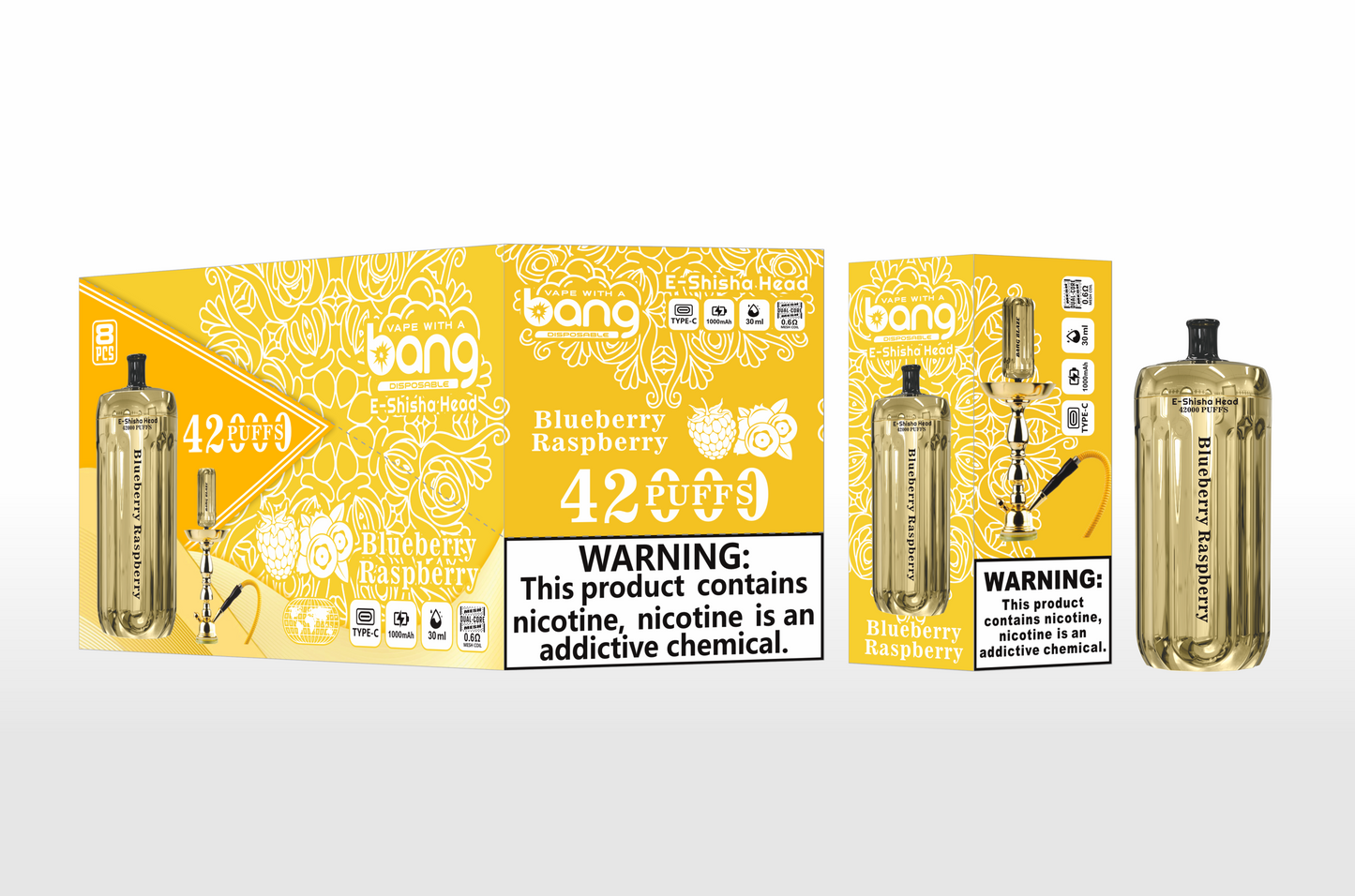 Bang Blaze E-Shisha Head 42000 Puffs(0% to 5% Nicotine) - 30ml E-Liquid, 1000mAh Battery 12 Flavors