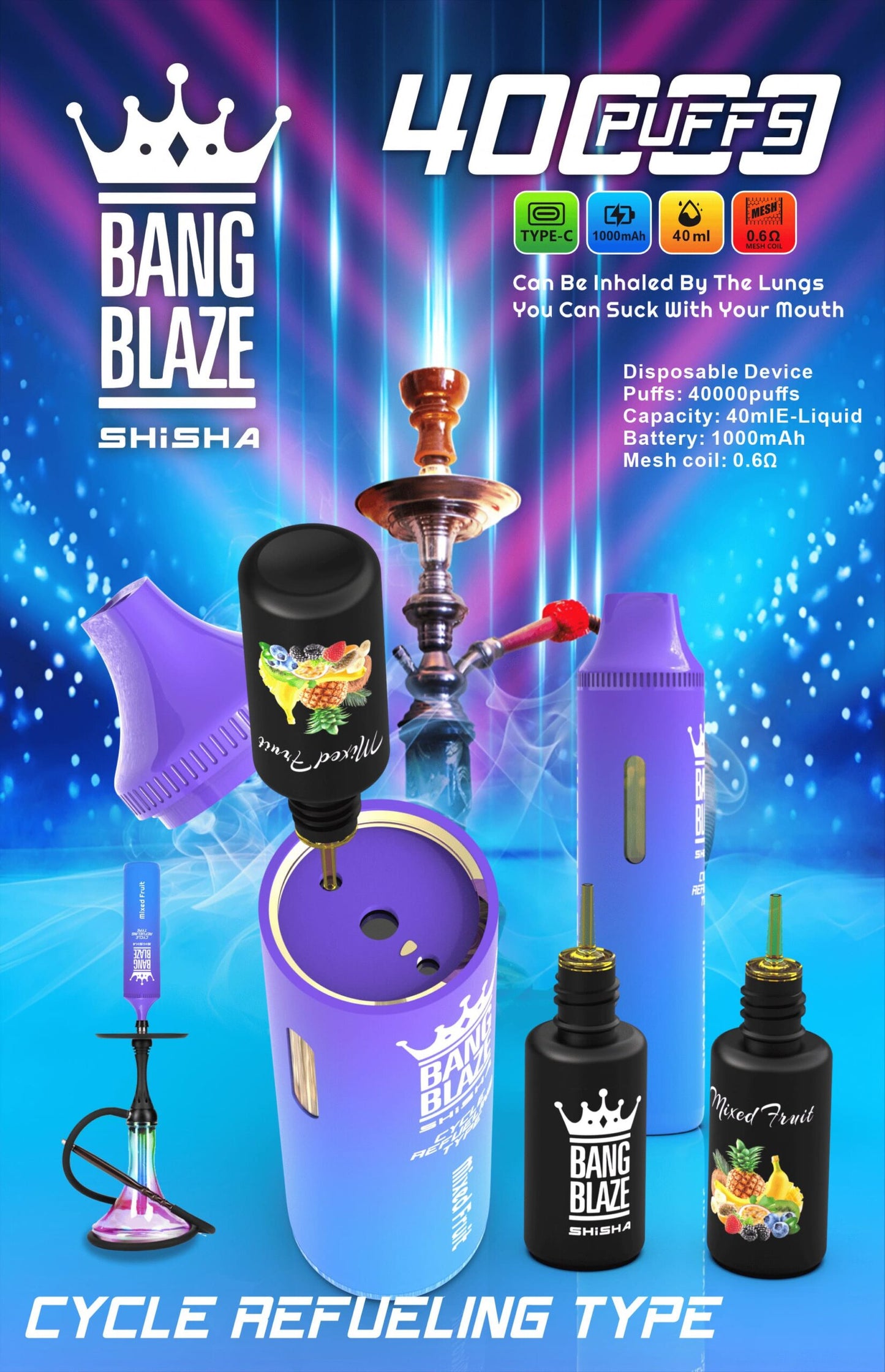 Bang Blaze 40000 Puffs Disposable Vape(0% to 5% Nicotine) - 40ml E-Liquid, 1000mAh Battery 12 Flavors