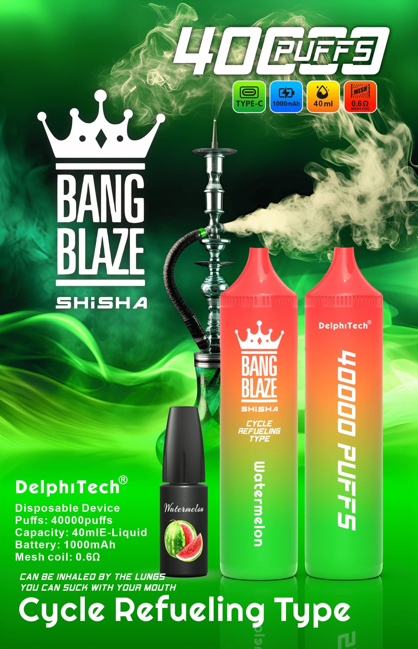 Bang Blaze 40000 Puffs Disposable Vape(0% to 5% Nicotine) - 40ml E-Liquid, 1000mAh Battery 12 Flavors