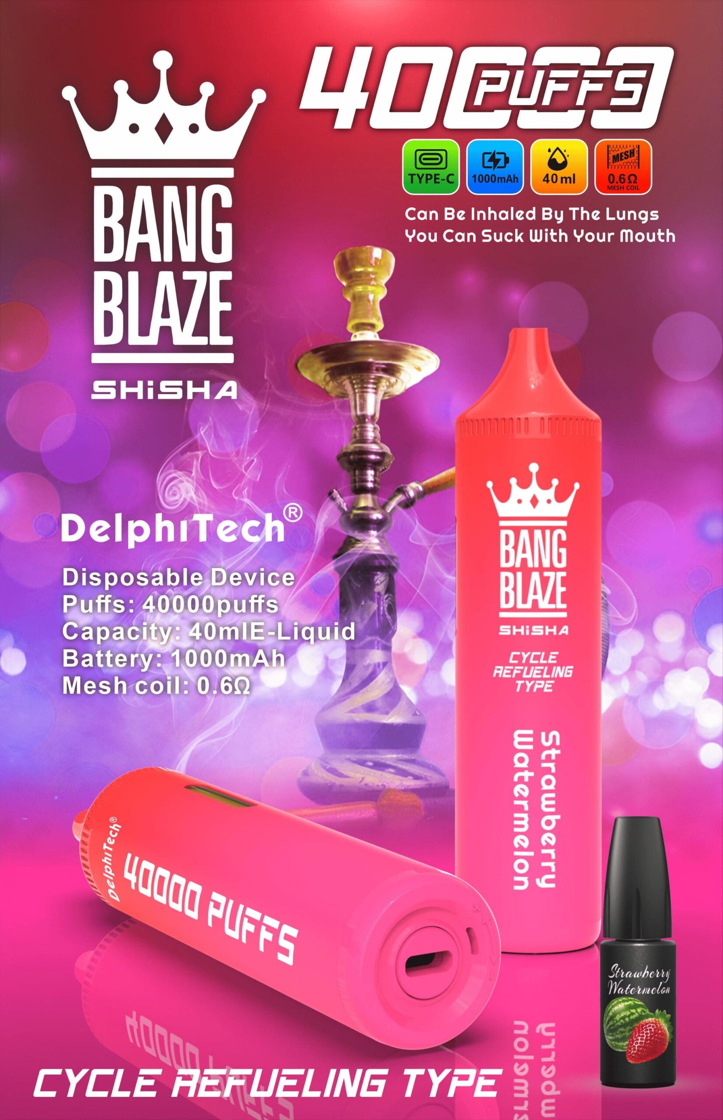 Bang Blaze 40000 Puffs Disposable Vape(0% to 5% Nicotine) - 40ml E-Liquid, 1000mAh Battery 12 Flavors