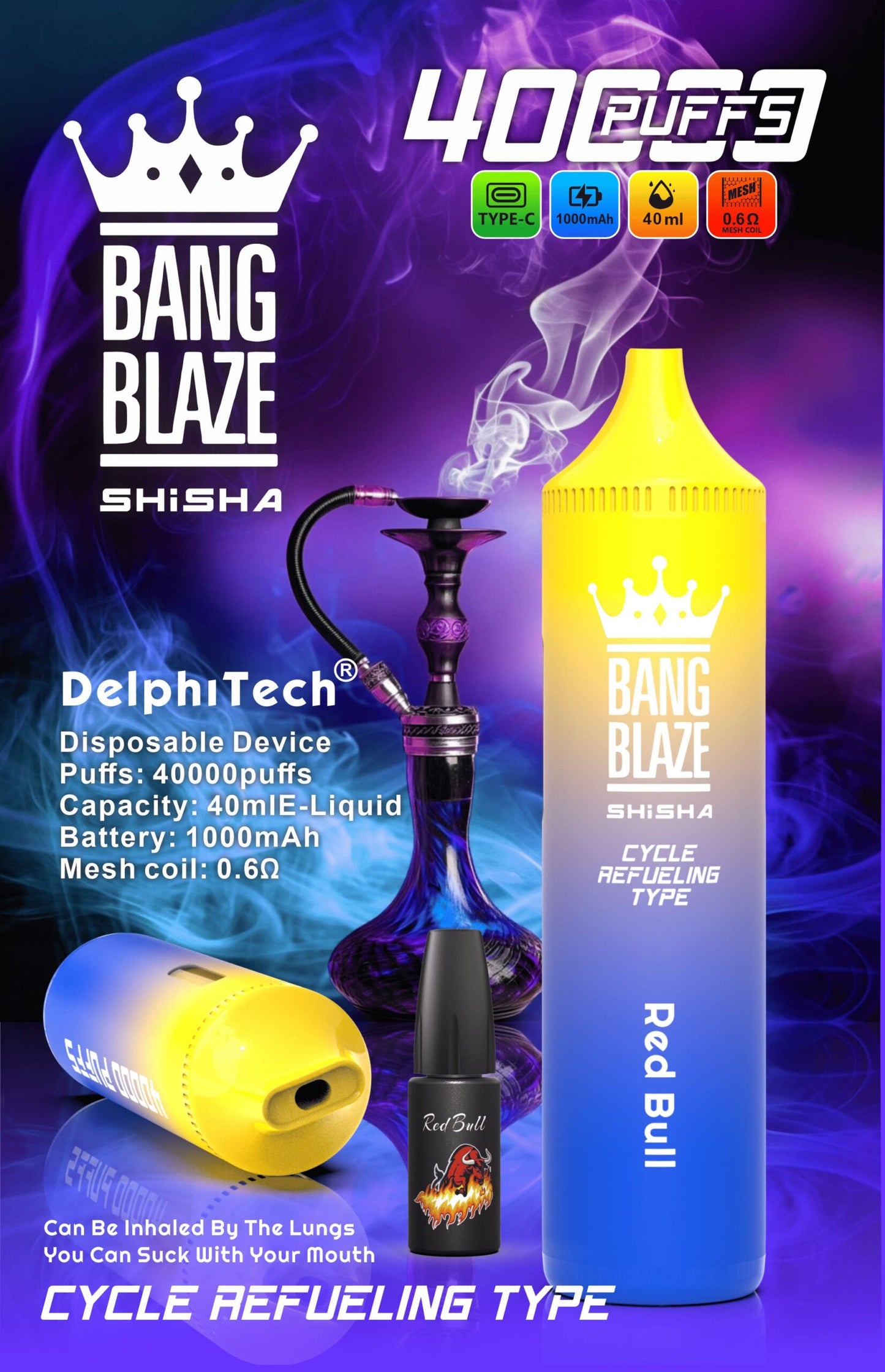 Bang Blaze 40000 Puffs Disposable Vape(0% to 5% Nicotine) - 40ml E-Liquid, 1000mAh Battery 12 Flavors