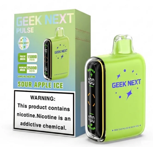 GEEK NEXT Pulse 25000 Puffs 25K DISPOSABLE 5 PER PACK, |25000 Puff Disposable Vape  5% Nic,E-JUICE CAPACITY. 18.0 ml ; PUFF COUNT. ~ 25000 / ~ 15000 Pulse ; BATTERY SIZE. 820 mAh.
