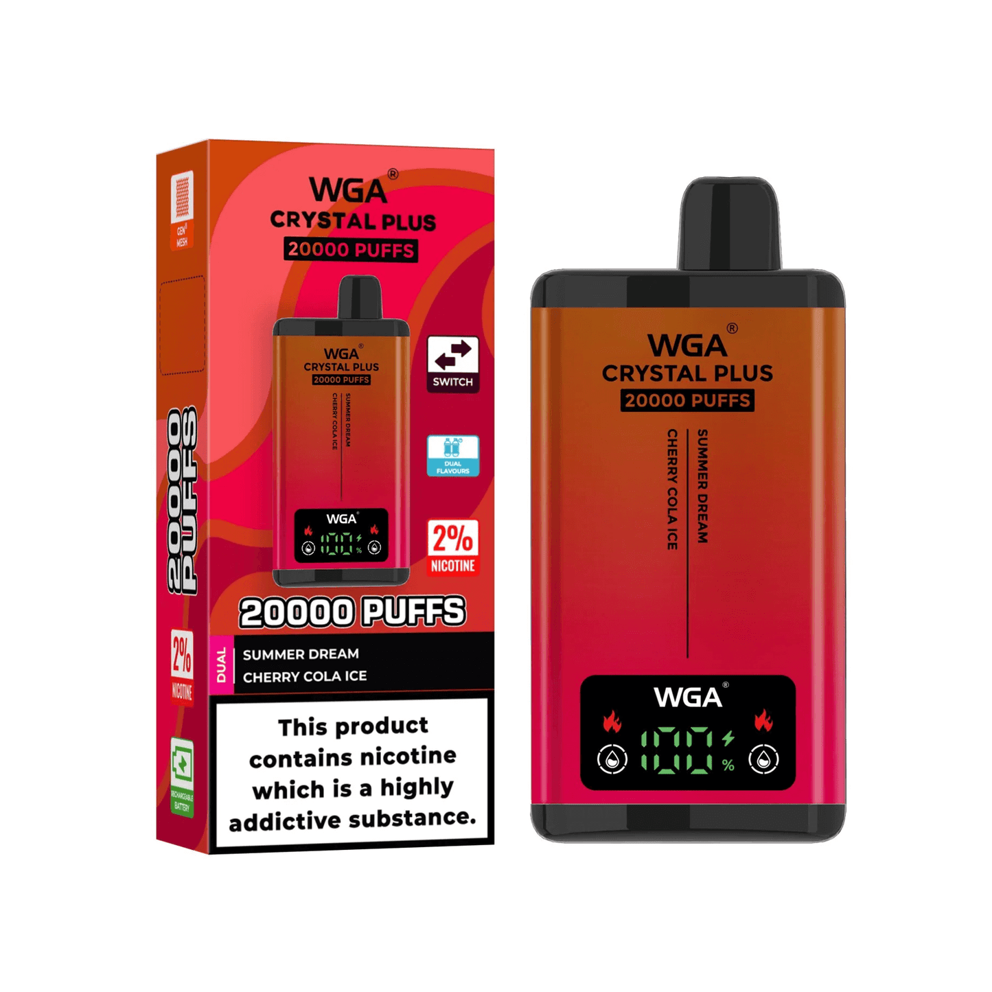 WGA Crystal PLUS SMART double flavor 20000 puff Disposable Vape Wholesale-650mAh Battery, 25ml E-liquid, Multiple Nicotine 15 Flavors