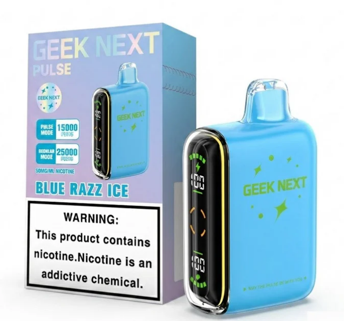 GEEK NEXT Pulse 25000 Puffs 25K DISPOSABLE 5 PER PACK, |25000 Puff Disposable Vape  5% Nic,E-JUICE CAPACITY. 18.0 ml ; PUFF COUNT. ~ 25000 / ~ 15000 Pulse ; BATTERY SIZE. 820 mAh.