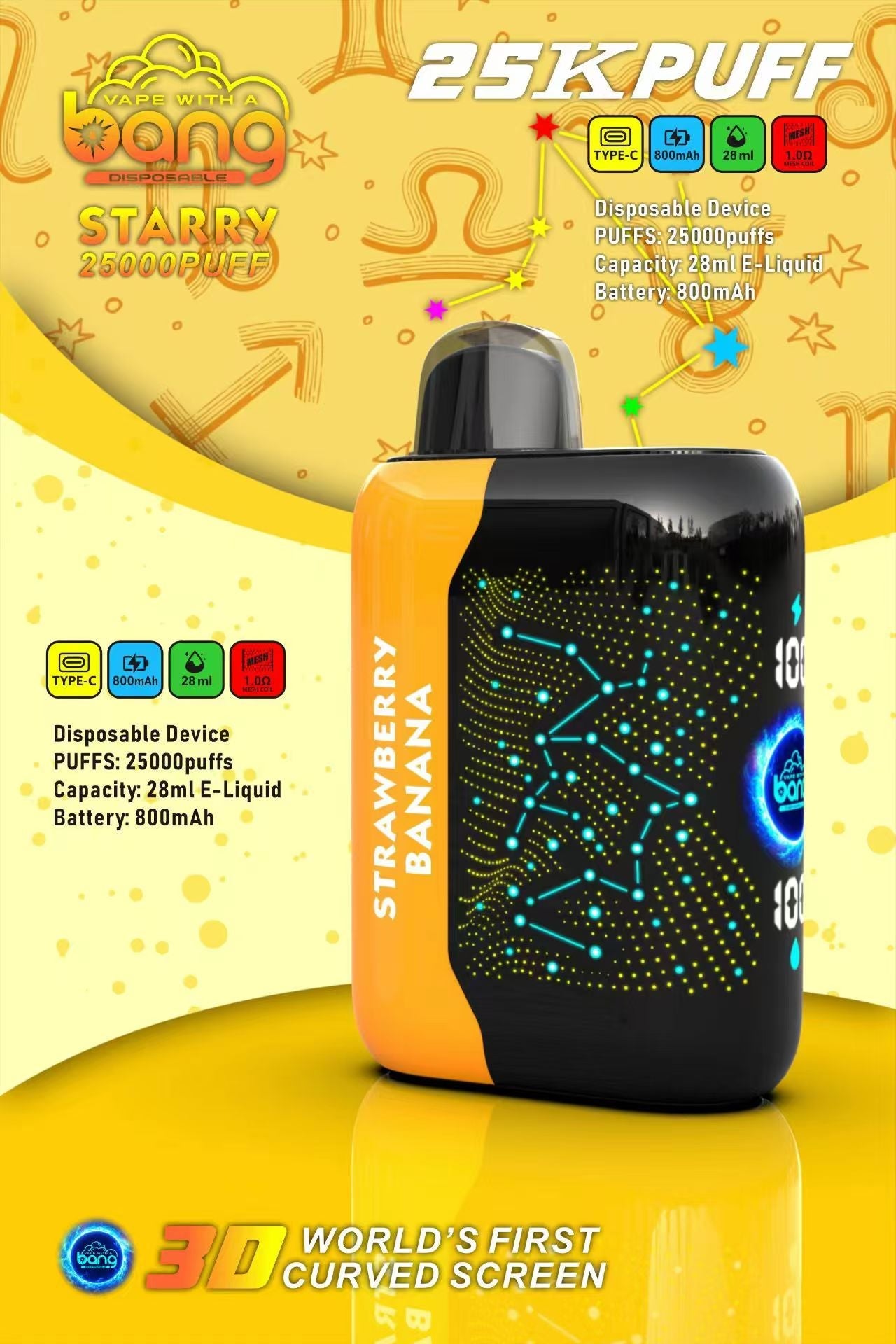 Bang Starry  25000 Puffs 25K Smart Full Screen Turn Ice Wholesale Disposable Vape Puff  Prefilled Pod