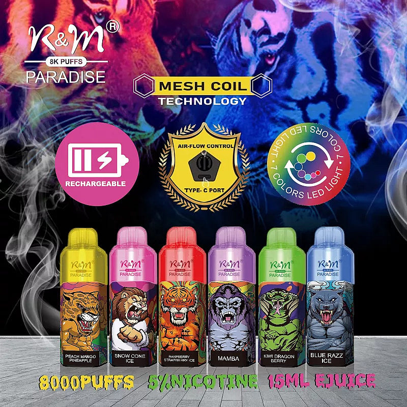 R&M Paradise 8000 puffs 0% 2% 3% 5% Nicotine Rechargeable Disposable vape