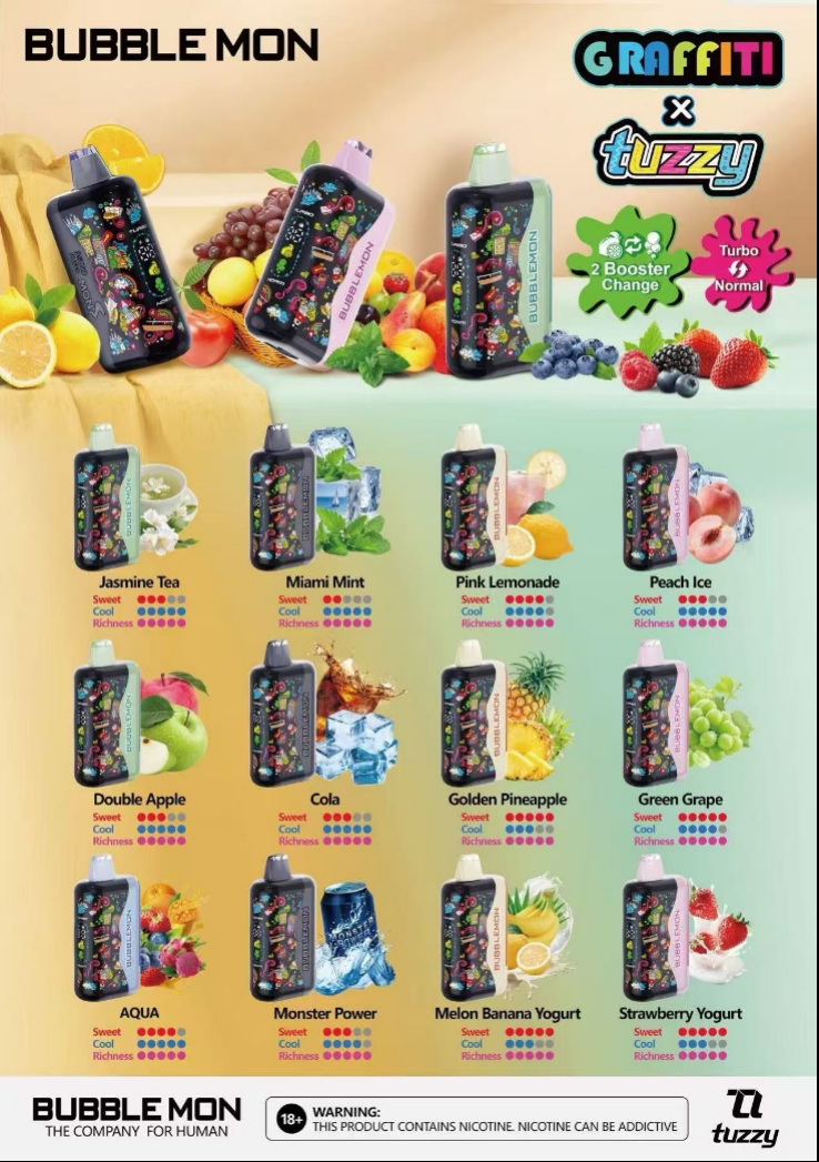 BUBBLEMON GRAFFITI 35000 PUFFS 2% Nicotine 28ML 🍓🍈12 FRUIT FLAVOR  🥝🍉