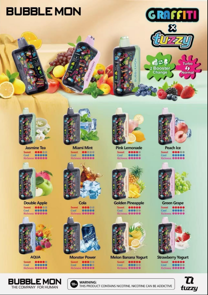 BUBBLEMON GRAFFITI 35000 PUFFS 2% Nicotine 28ML 🍓🍈12 FRUIT FLAVOR  🥝🍉