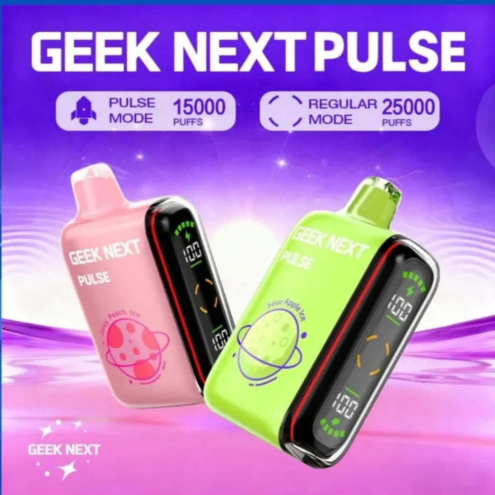 GEEK NEXT Pulse 25000 Puffs 25K DISPOSABLE 5 PER PACK, |25000 Puff Disposable Vape  5% Nic,E-JUICE CAPACITY. 18.0 ml ; PUFF COUNT. ~ 25000 / ~ 15000 Pulse ; BATTERY SIZE. 820 mAh.