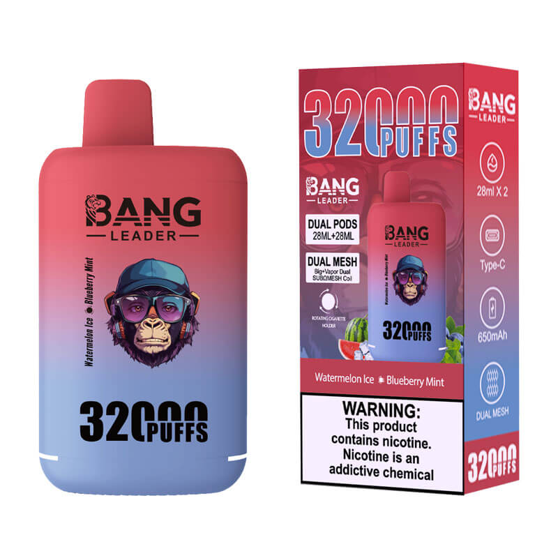 Bang Leader 32000 Puffs Disposable Vape (0% to 5% Nicotine) - Dual Pods, 26ml+26ml E-Liquid 650mah Type-C Rechargeable 18  Flavors