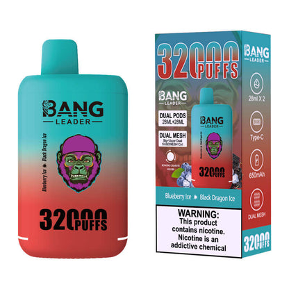 Bang Leader 32000 Puffs Disposable Vape (0% to 5% Nicotine) - Dual Pods, 26ml+26ml E-Liquid 650mah Type-C Rechargeable 18  Flavors