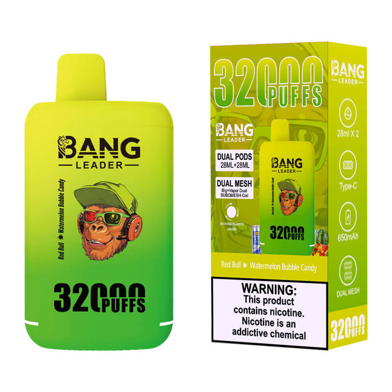 Bang Leader 32000 Puffs Disposable Vape (0% to 5% Nicotine) - Dual Pods, 26ml+26ml E-Liquid 650mah Type-C Rechargeable 18  Flavors