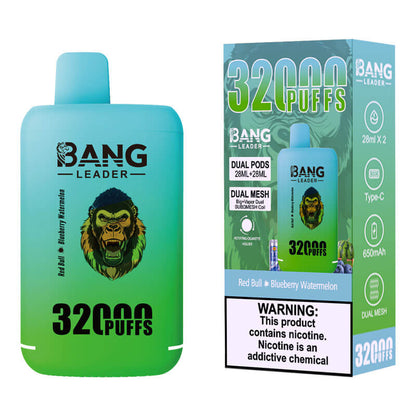 Bang Leader 32000 Puffs Disposable Vape (0% to 5% Nicotine) - Dual Pods, 26ml+26ml E-Liquid 650mah Type-C Rechargeable 18  Flavors