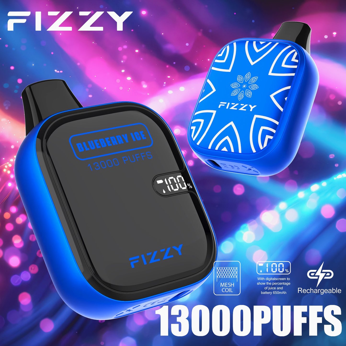 Fizzy Boom 13k Puffs Disposable Vape | 21ML E-liquid, Mesh Coil, LCD Screen