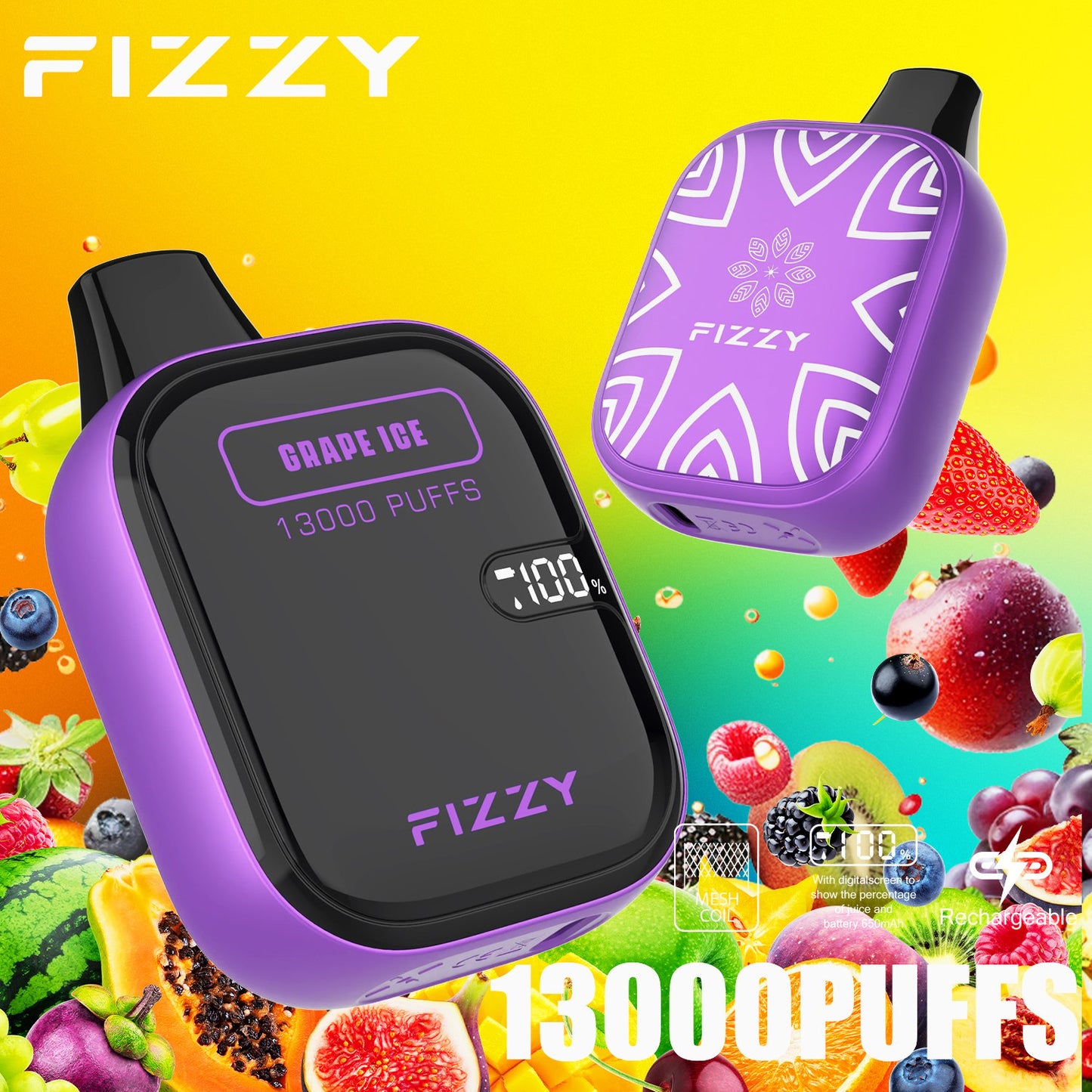 Fizzy Boom 13k Puffs Disposable Vape | 21ML E-liquid, Mesh Coil, LCD Screen